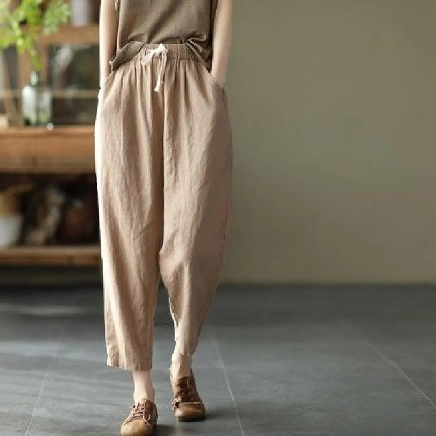 Uillui Womens Cotton Linen Harem Pants Summer Casual Tapered Cropped Baggy Lounge Trouser Lightweight Loose Yoga Capri Pants