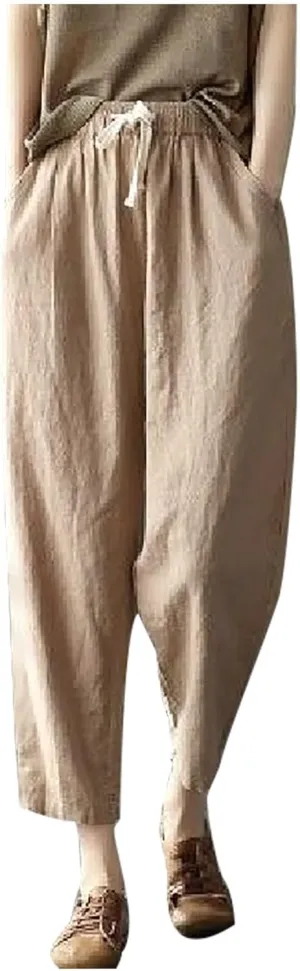 Uillui Womens Cotton Linen Harem Pants Summer Casual Tapered Cropped Baggy Lounge Trouser Lightweight Loose Yoga Capri Pants