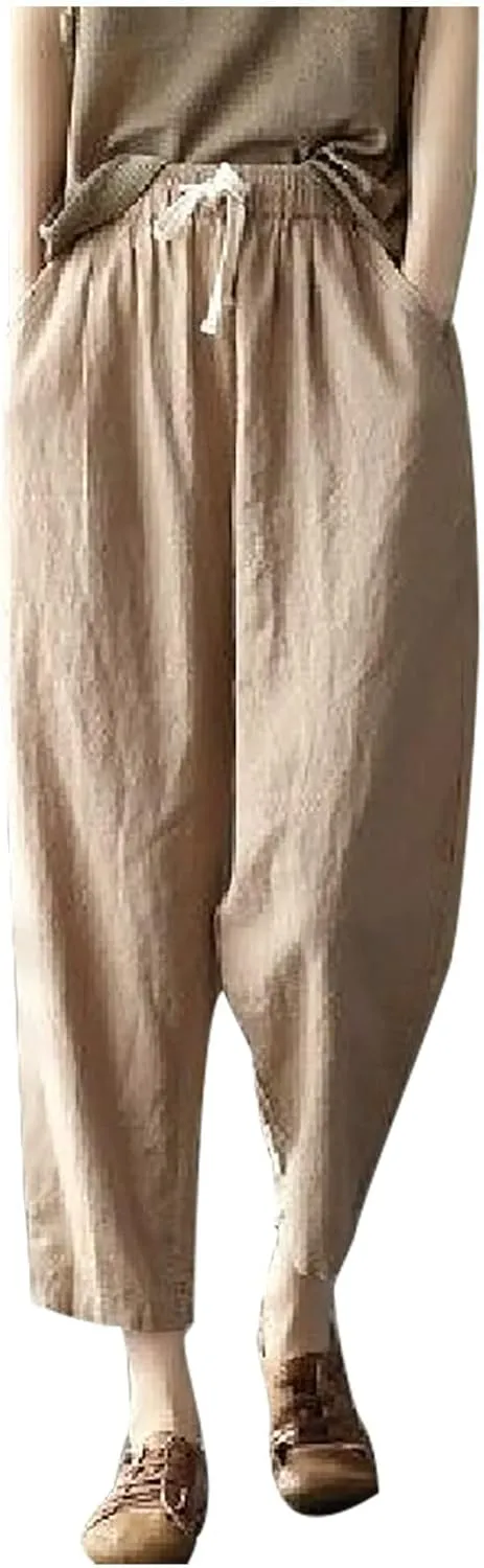 Uillui Womens Cotton Linen Harem Pants Summer Casual Tapered Cropped Baggy Lounge Trouser Lightweight Loose Yoga Capri Pants