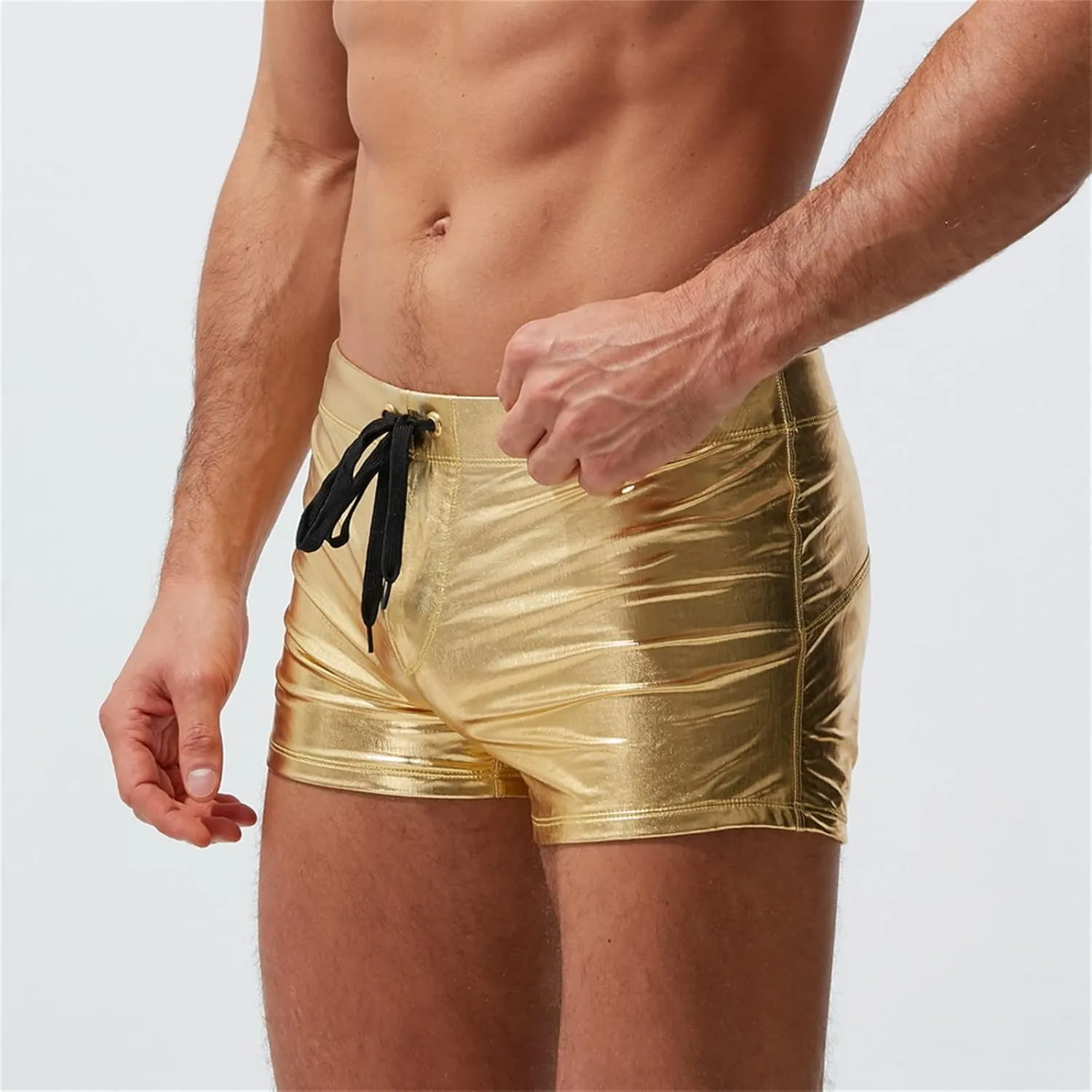 WENKOMG1 Mens Gold and Silver Swim Shorts,Metallic Color Reflective Beach Shorts Patent Leather Swim Trunks for Men