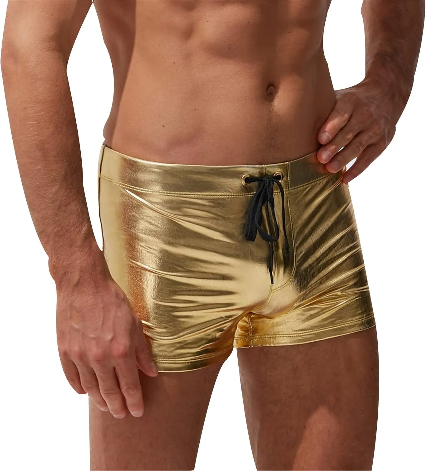WENKOMG1 Mens Gold and Silver Swim Shorts,Metallic Color Reflective Beach Shorts Patent Leather Swim Trunks for Men