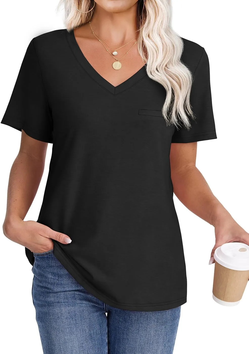 WIHOLL Womens Tops Short Sleeve V Neck Tshirts with Mock Up Pocket Fahion Summer Clothes Loose Fit