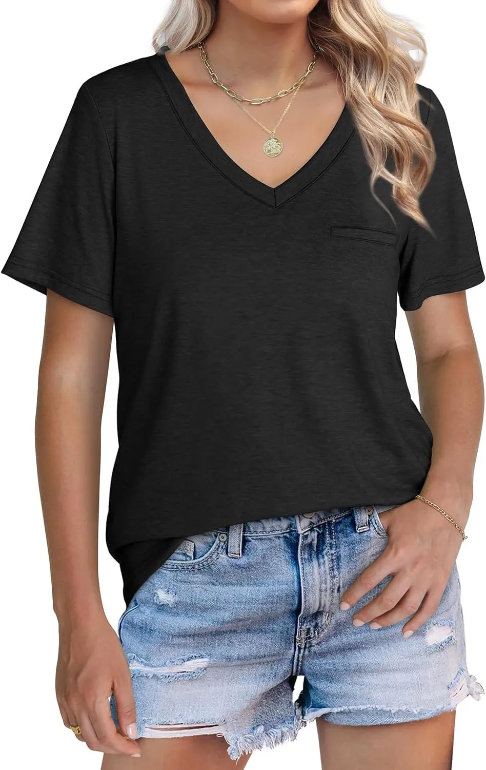 WIHOLL Womens Tops Short Sleeve V Neck Tshirts with Mock Up Pocket Fahion Summer Clothes Loose Fit