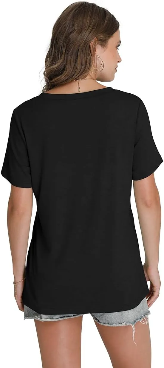 WIHOLL Womens Tops Short Sleeve V Neck Tshirts with Mock Up Pocket Fahion Summer Clothes Loose Fit