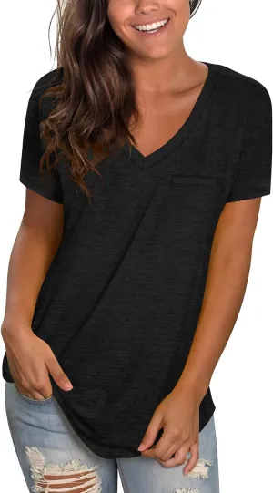 WIHOLL Womens Tops Short Sleeve V Neck Tshirts with Mock Up Pocket Fahion Summer Clothes Loose Fit
