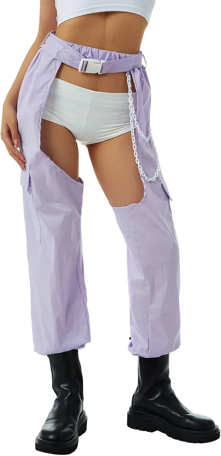 Women Buckle Bottomless Pants Sexy High Waist Chaps Hollow Out Cargo Crotch Pants See Through Rave Leggings Harem Trousers