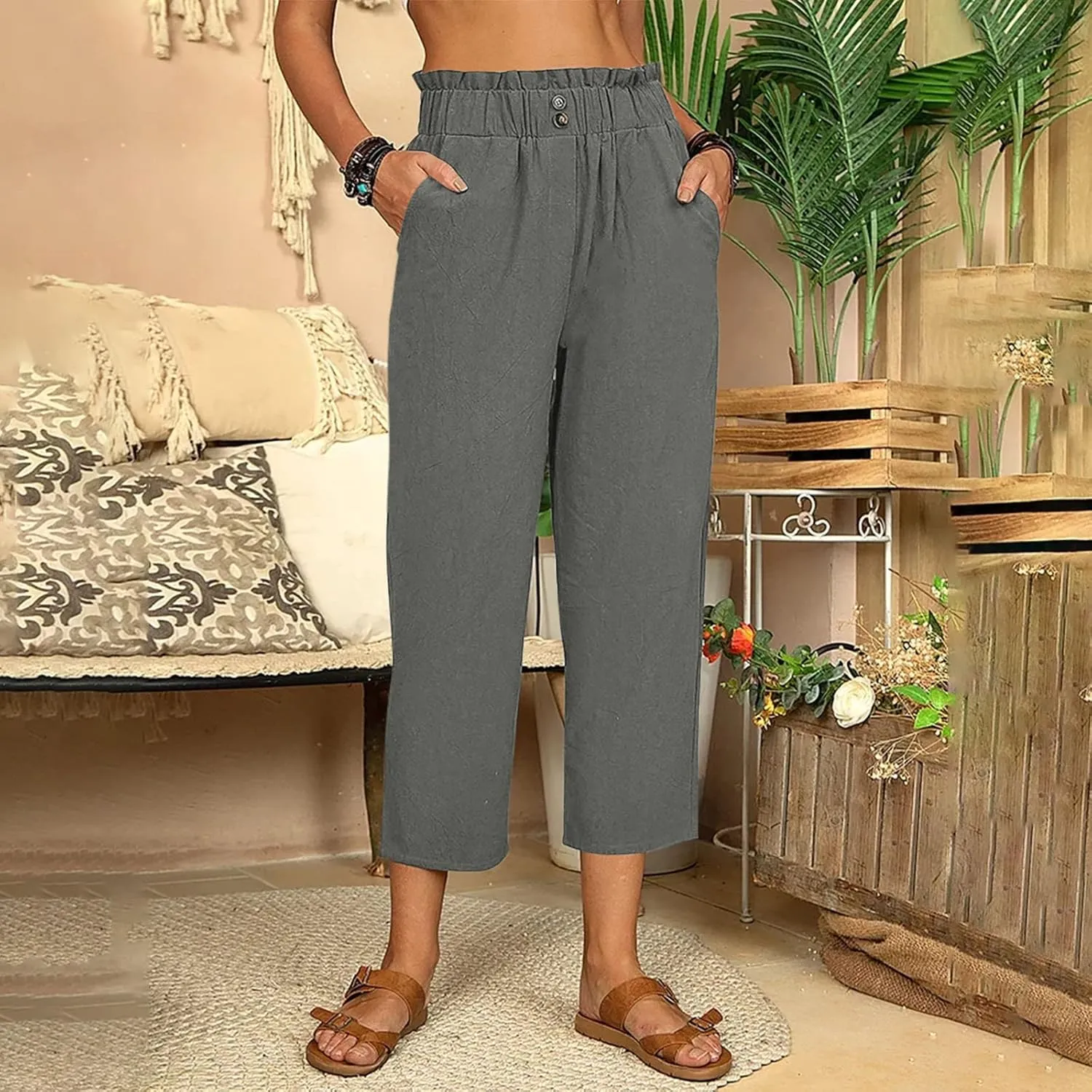 Women Capri Pants for Summer High Waisted Wide Leg Lounge Pants Drawstring Ruffled Causal Palazzo Trouser with Pocket