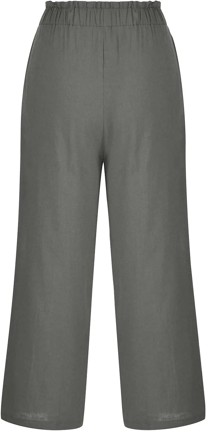 Women Capri Pants for Summer High Waisted Wide Leg Lounge Pants Drawstring Ruffled Causal Palazzo Trouser with Pocket