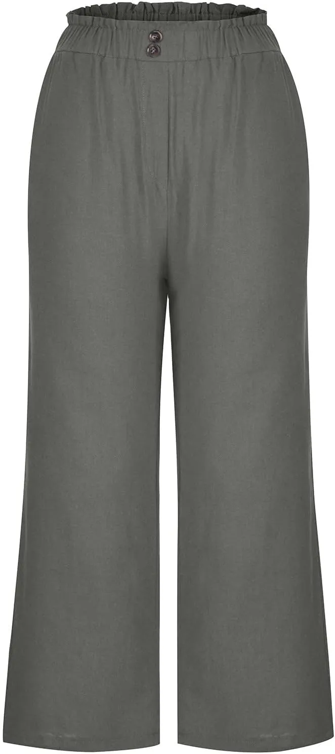 Women Capri Pants for Summer High Waisted Wide Leg Lounge Pants Drawstring Ruffled Causal Palazzo Trouser with Pocket
