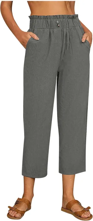 Women Capri Pants for Summer High Waisted Wide Leg Lounge Pants Drawstring Ruffled Causal Palazzo Trouser with Pocket