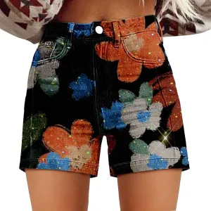 Women Denim Shorts Vintage Boho Floral Print Denim Jeans Casual High Waist Slim Bermuda Short Retro Y2K Streetwear