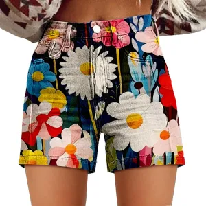 Women Denim Shorts Vintage Boho Floral Print Denim Jeans Casual High Waist Slim Bermuda Short Retro Y2K Streetwear
