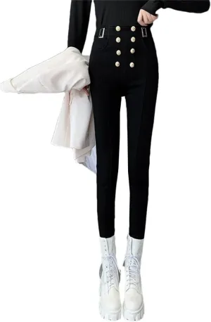 Women Straight Double Breasted Elastic High Waist Trouser Elegant Pants