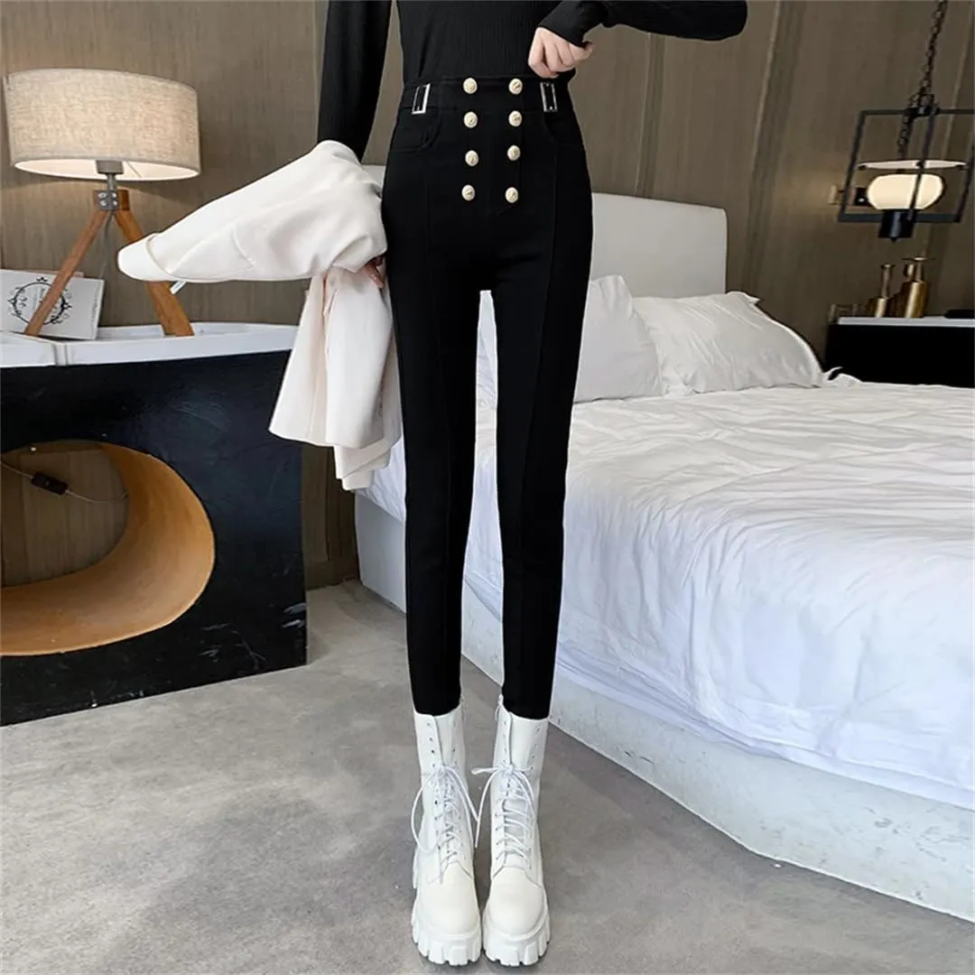 Women Straight Double Breasted Elastic High Waist Trouser Elegant Pants