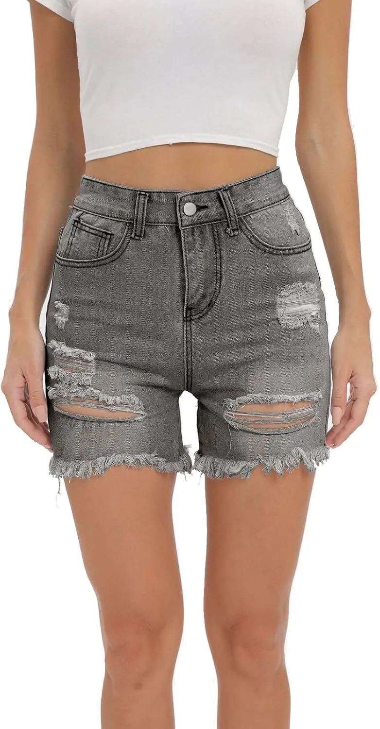 Womens Denim Bermuda Shorts High Waist Ripped Hole Distressed Short Jeans Junior Frayed Hem