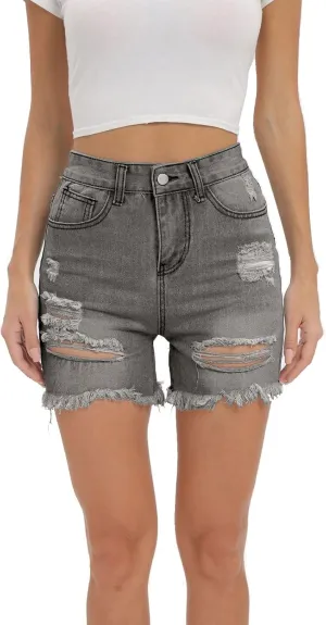 Womens Denim Bermuda Shorts High Waist Ripped Hole Distressed Short Jeans Junior Frayed Hem