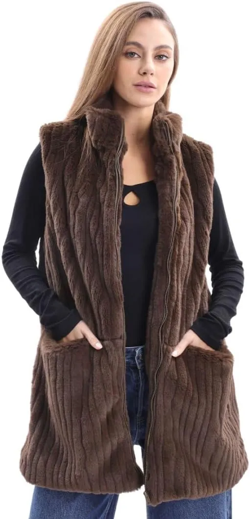 Women's Faux Fur Stand Collar Zip-up Vest