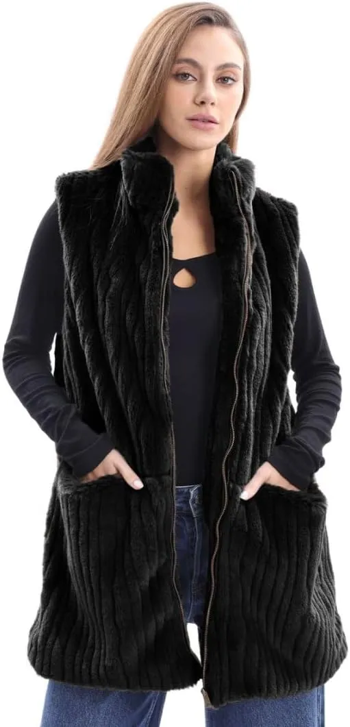 Women's Faux Fur Stand Collar Zip-up Vest