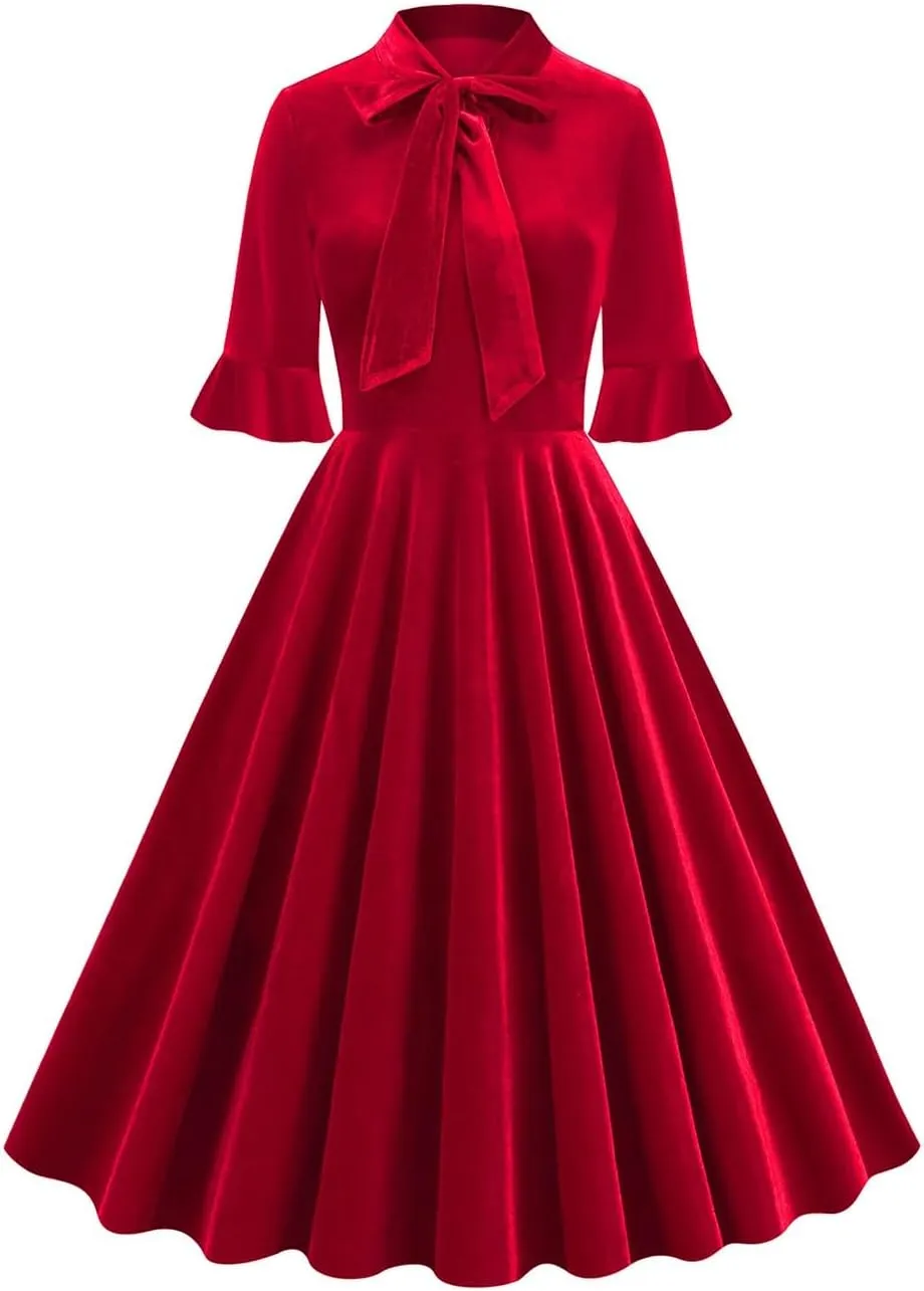 Women's Formal Velvet Ruffle Pleated Tie Neck Wrap Evening Cocktail Party Dress Dressy Short Sleeve Flowy Midi Dress