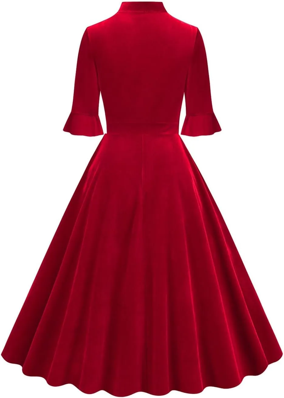 Women's Formal Velvet Ruffle Pleated Tie Neck Wrap Evening Cocktail Party Dress Dressy Short Sleeve Flowy Midi Dress