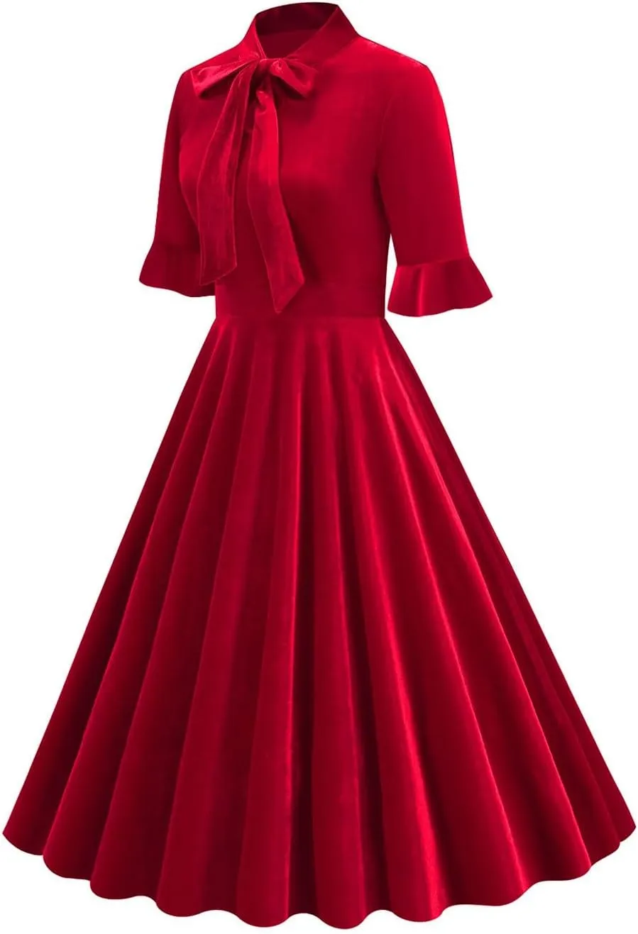 Women's Formal Velvet Ruffle Pleated Tie Neck Wrap Evening Cocktail Party Dress Dressy Short Sleeve Flowy Midi Dress