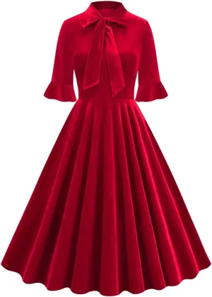 Women's Formal Velvet Ruffle Pleated Tie Neck Wrap Evening Cocktail Party Dress Dressy Short Sleeve Flowy Midi Dress