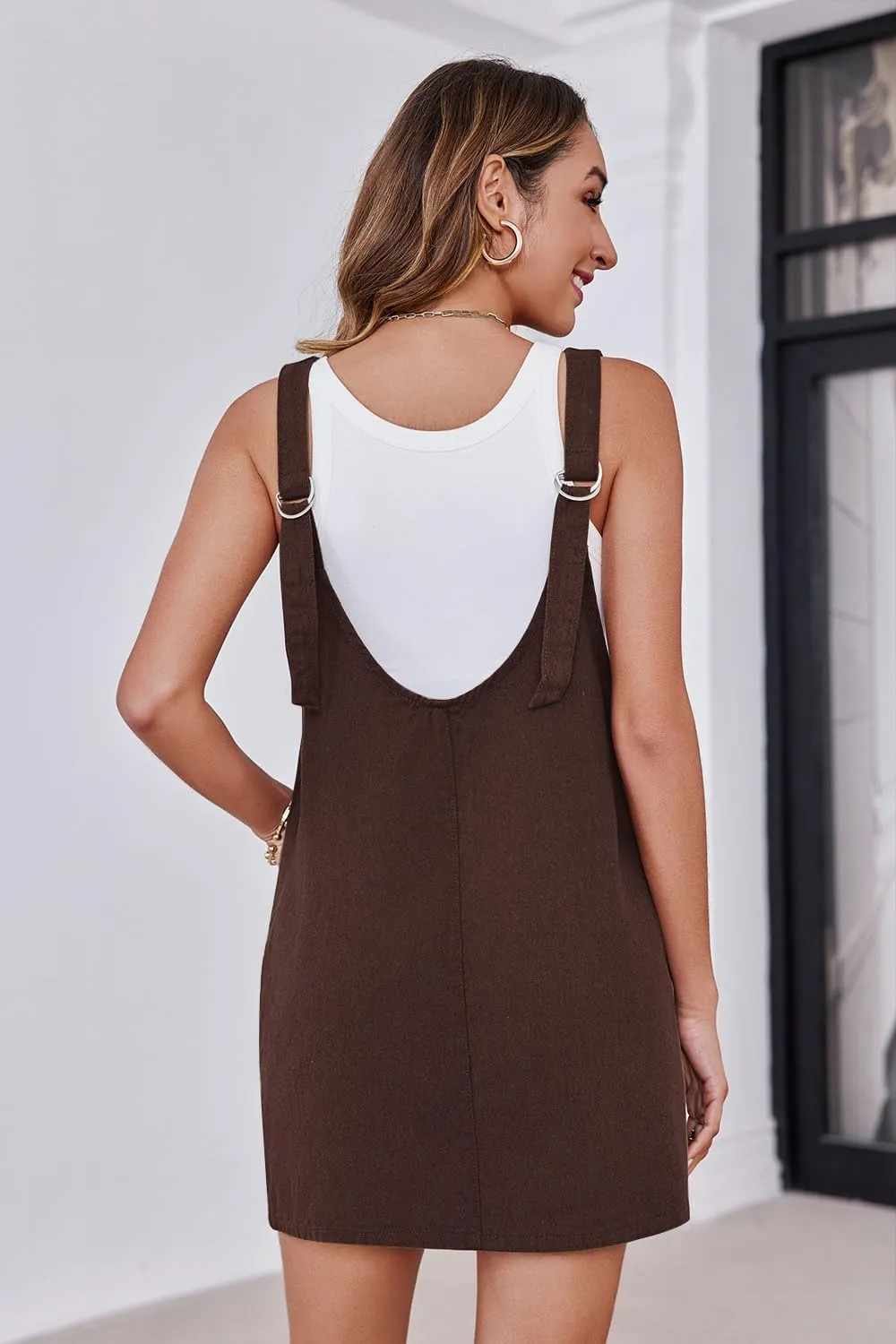 Womens High Roller Overalls Denim Dress Loose Casual Sleeveless Mini Pinafore Jean Romper Skirtall with Pockets