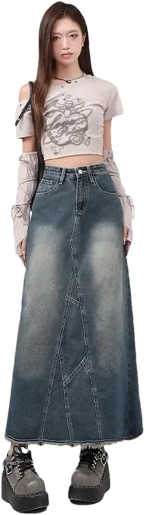 Women's High-Waisted Denim Medium-Length A- Line Cut Slim Fit Side Slit Skirt
