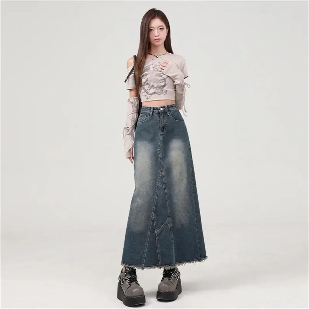 Women's High-Waisted Denim Medium-Length A- Line Cut Slim Fit Side Slit Skirt