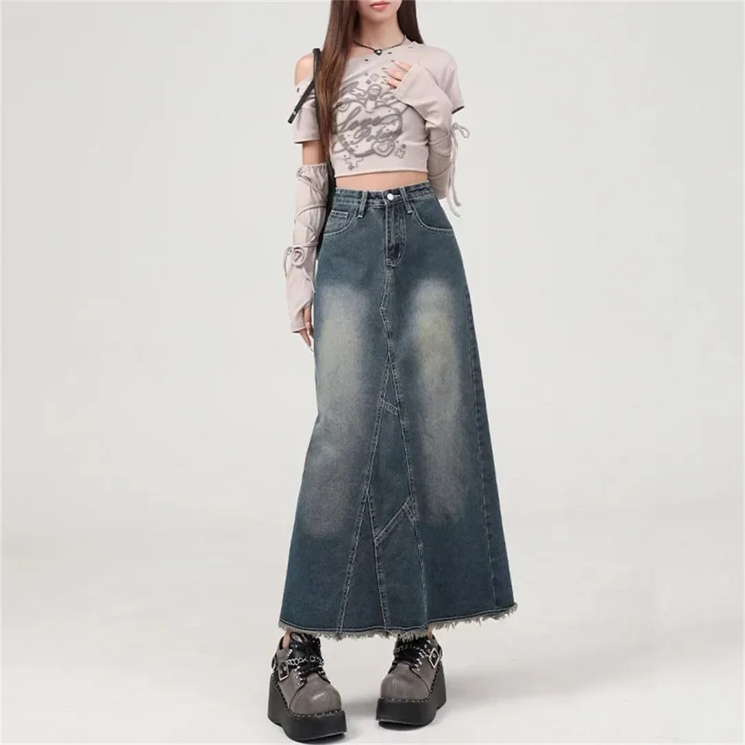 Women's High-Waisted Denim Medium-Length A- Line Cut Slim Fit Side Slit Skirt