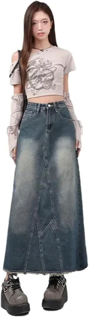 Women's High-Waisted Denim Medium-Length A- Line Cut Slim Fit Side Slit Skirt