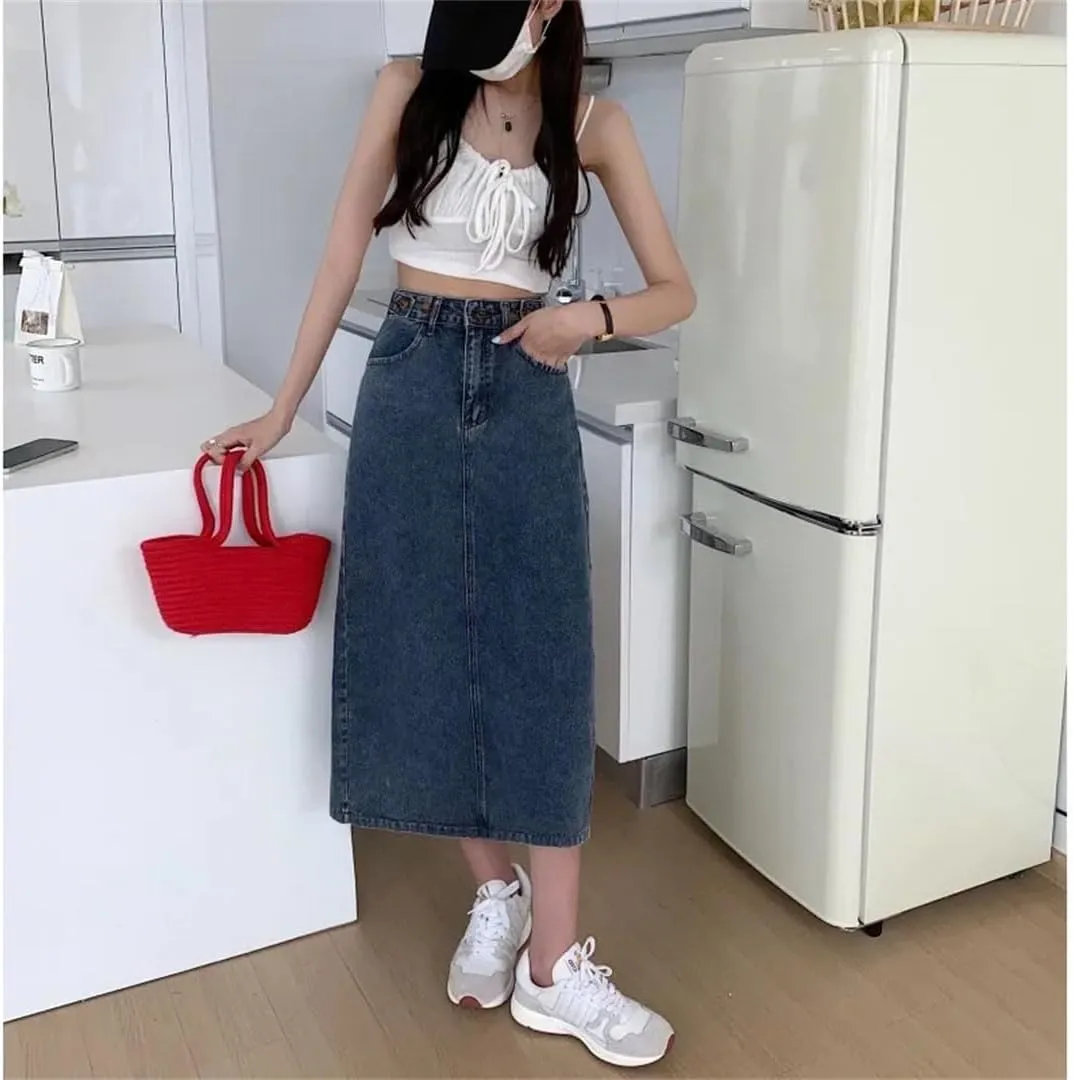 Women's High-Waisted Denim Skirt Plus Size Design Sensibility Slimming Side Slit A- Line Skirt
