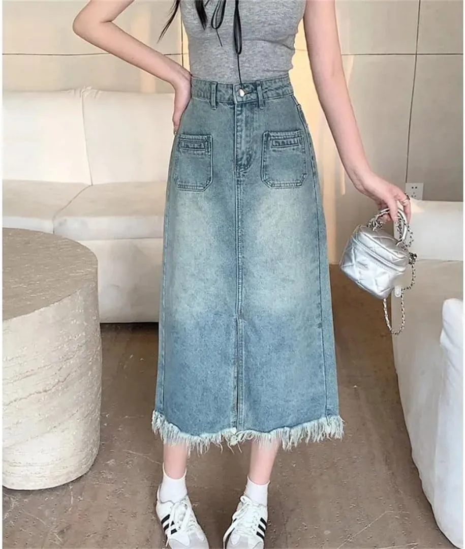 Women's High-Waisted Slimming Denim A- Line Waist Hip Covering Side Slit Fringed Korean Style Skirt