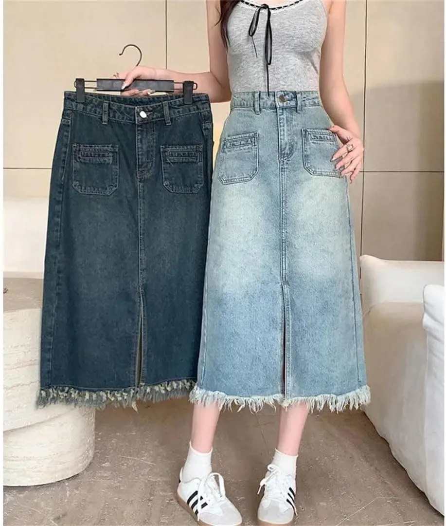 Women's High-Waisted Slimming Denim A- Line Waist Hip Covering Side Slit Fringed Korean Style Skirt