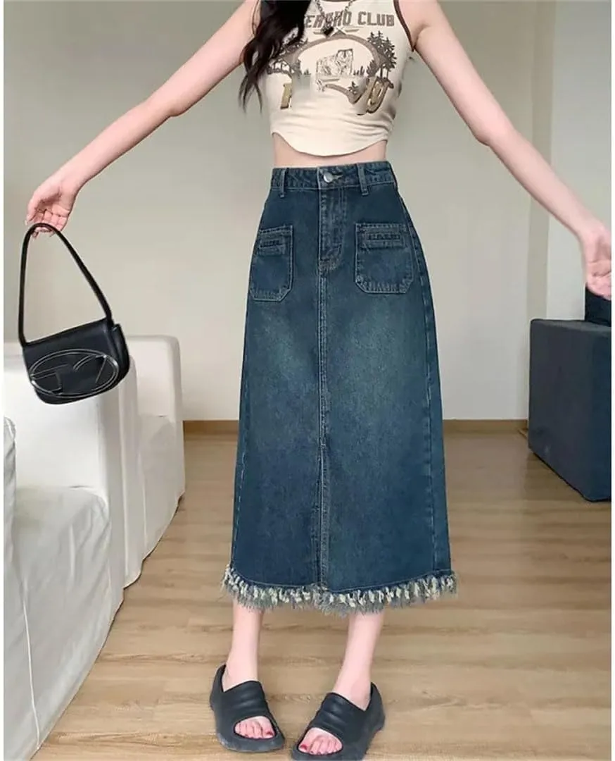 Women's High-Waisted Slimming Denim A- Line Waist Hip Covering Side Slit Fringed Korean Style Skirt