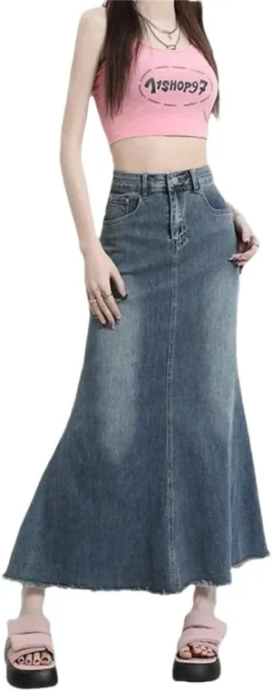 Women's High-Waisted Slimming Denim Style Slim Fit Medium Length Skirt