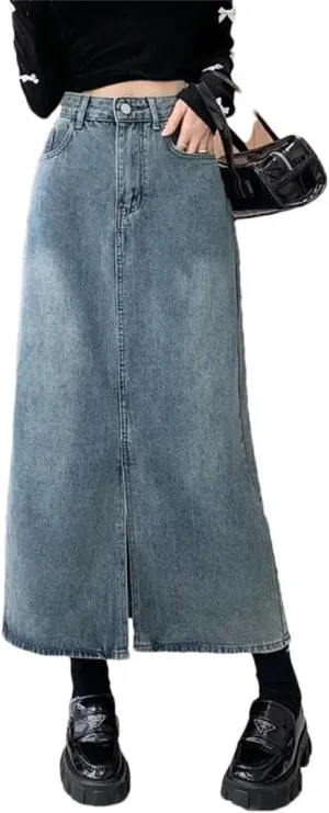 Women's High Waisted Slimming Medium Length Denim Side Slit Skirt
