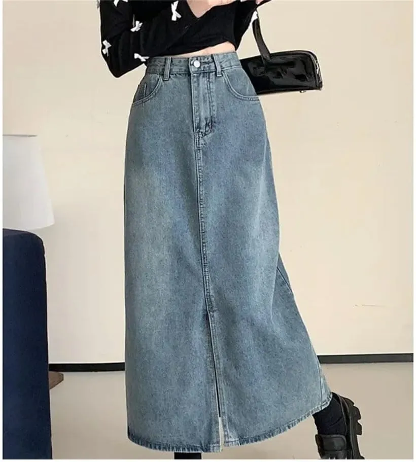 Women's High Waisted Slimming Medium Length Denim Side Slit Skirt