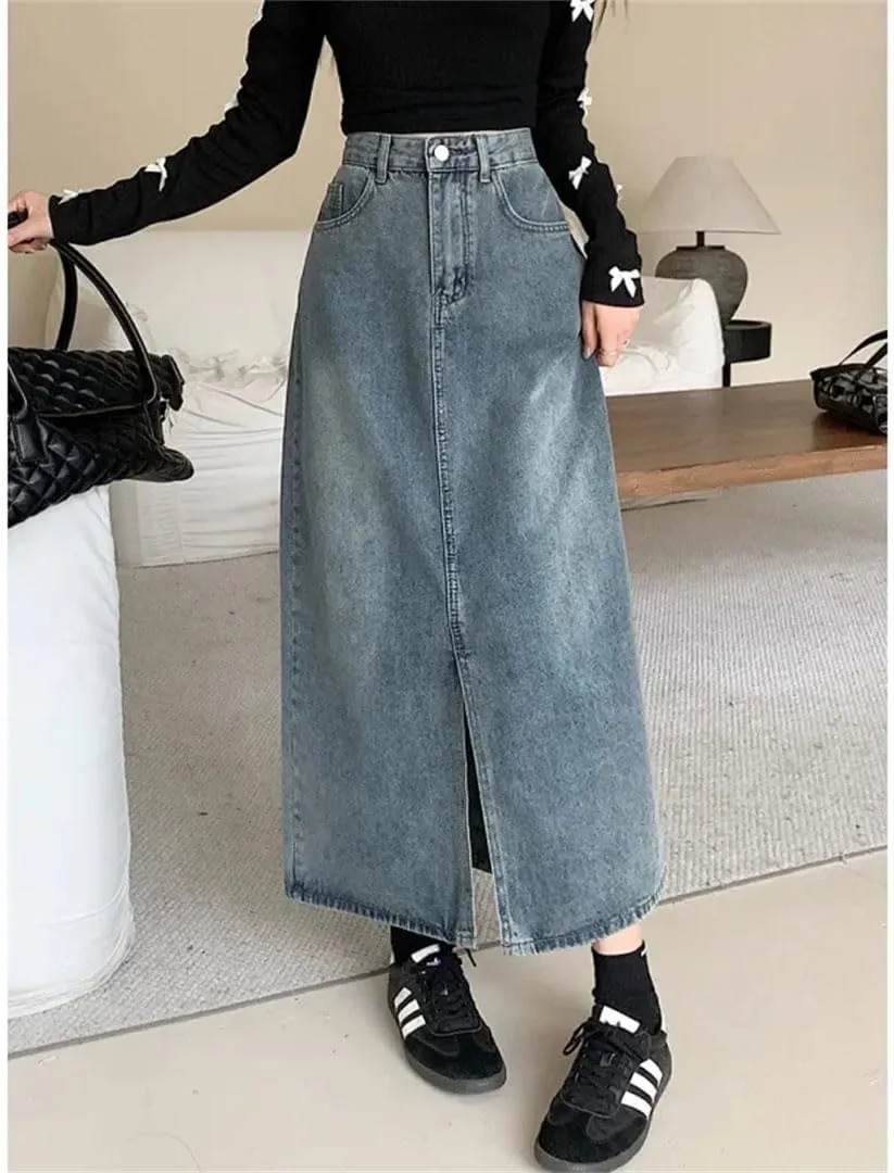Women's High Waisted Slimming Medium Length Denim Side Slit Skirt