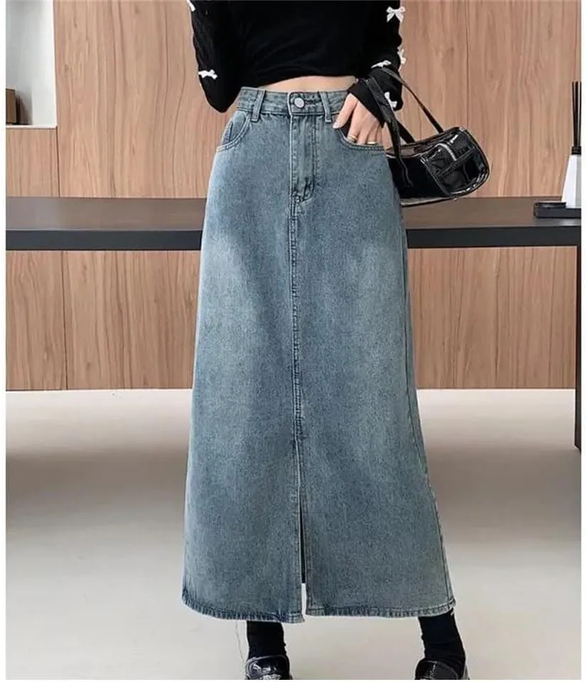 Women's High Waisted Slimming Medium Length Denim Side Slit Skirt