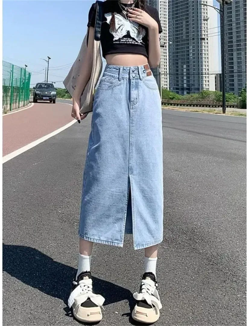 Women's Loose-Fit High-Waisted Vintage Denim Skirt A- Line Bodycon Side Slit Semi Circular Skirt