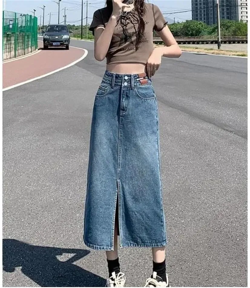 Women's Loose-Fit High-Waisted Vintage Denim Skirt A- Line Bodycon Side Slit Semi Circular Skirt