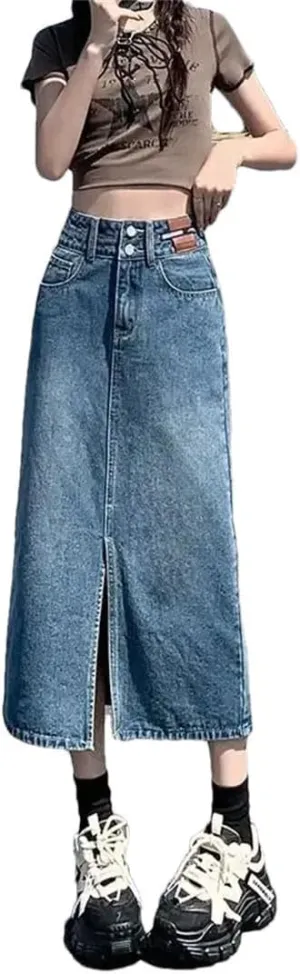 Women's Loose-Fit High-Waisted Vintage Denim Skirt A- Line Bodycon Side Slit Semi Circular Skirt