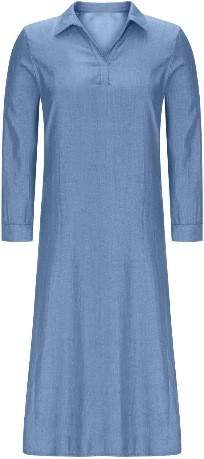 Womens Plus Size Dress Casual Loose Fit Collared V Neck Long Sleeve Maxi Dresses Solid Color Business Work Sundress