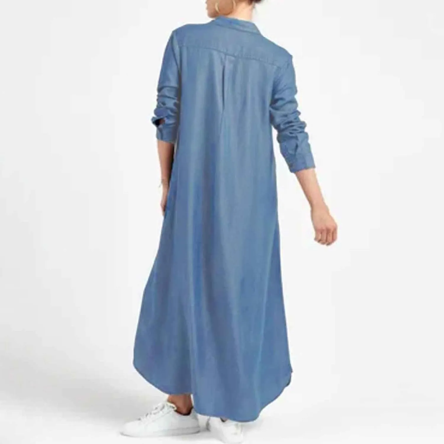 Womens Plus Size Dress Casual Loose Fit Collared V Neck Long Sleeve Maxi Dresses Solid Color Business Work Sundress