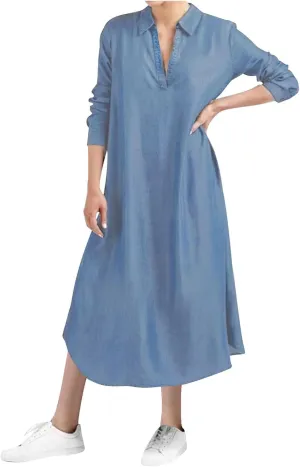 Womens Plus Size Dress Casual Loose Fit Collared V Neck Long Sleeve Maxi Dresses Solid Color Business Work Sundress