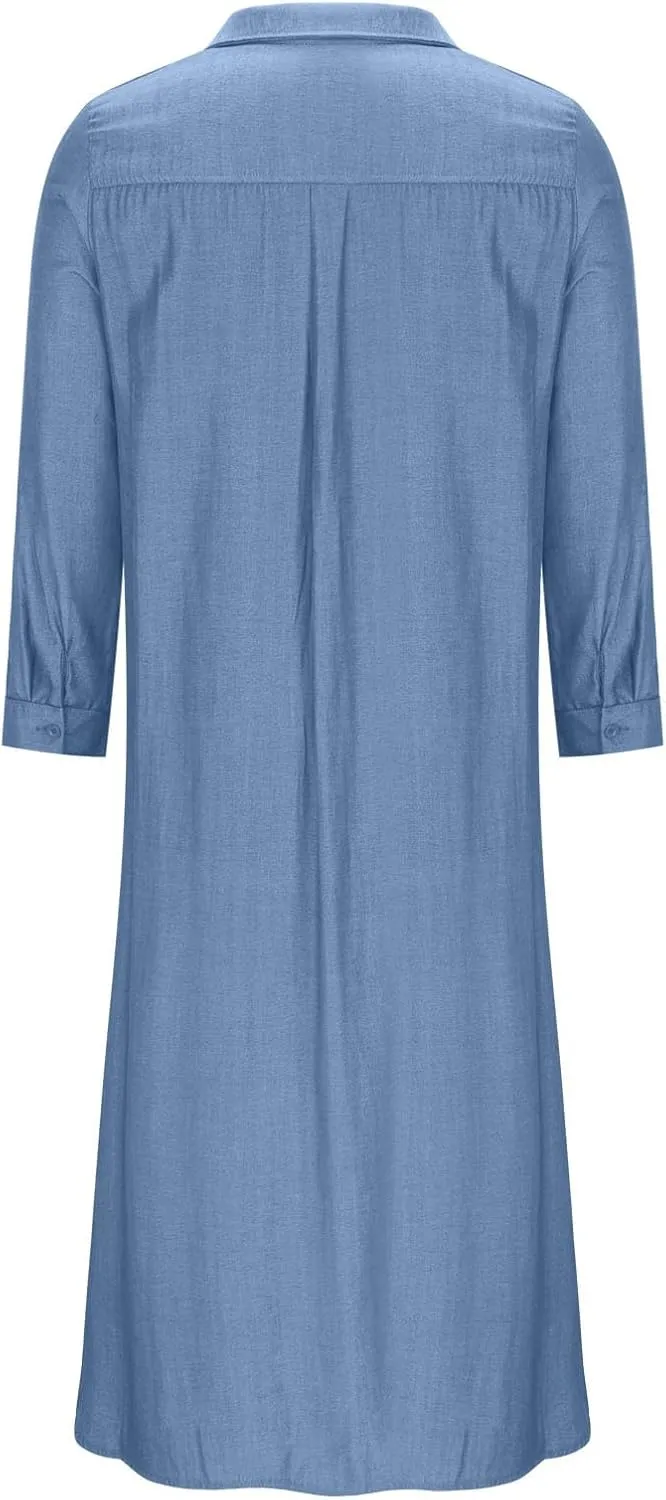 Womens Plus Size Dress Casual Loose Fit Collared V Neck Long Sleeve Maxi Dresses Solid Color Business Work Sundress