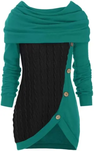 Women's Pullover Sweaters Plus Size O-Neck Long Sleeve Solid Botton Pachwork Asymmetric Tops Sweater, S-5XL