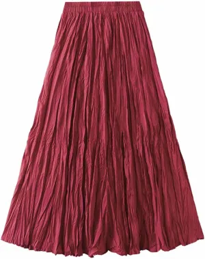 Women's Spring Summer Pleated Skirt Elastic High Waist Midi Skirt Casual Swing Flowy Boho A-Line Skirts Dress One Size
