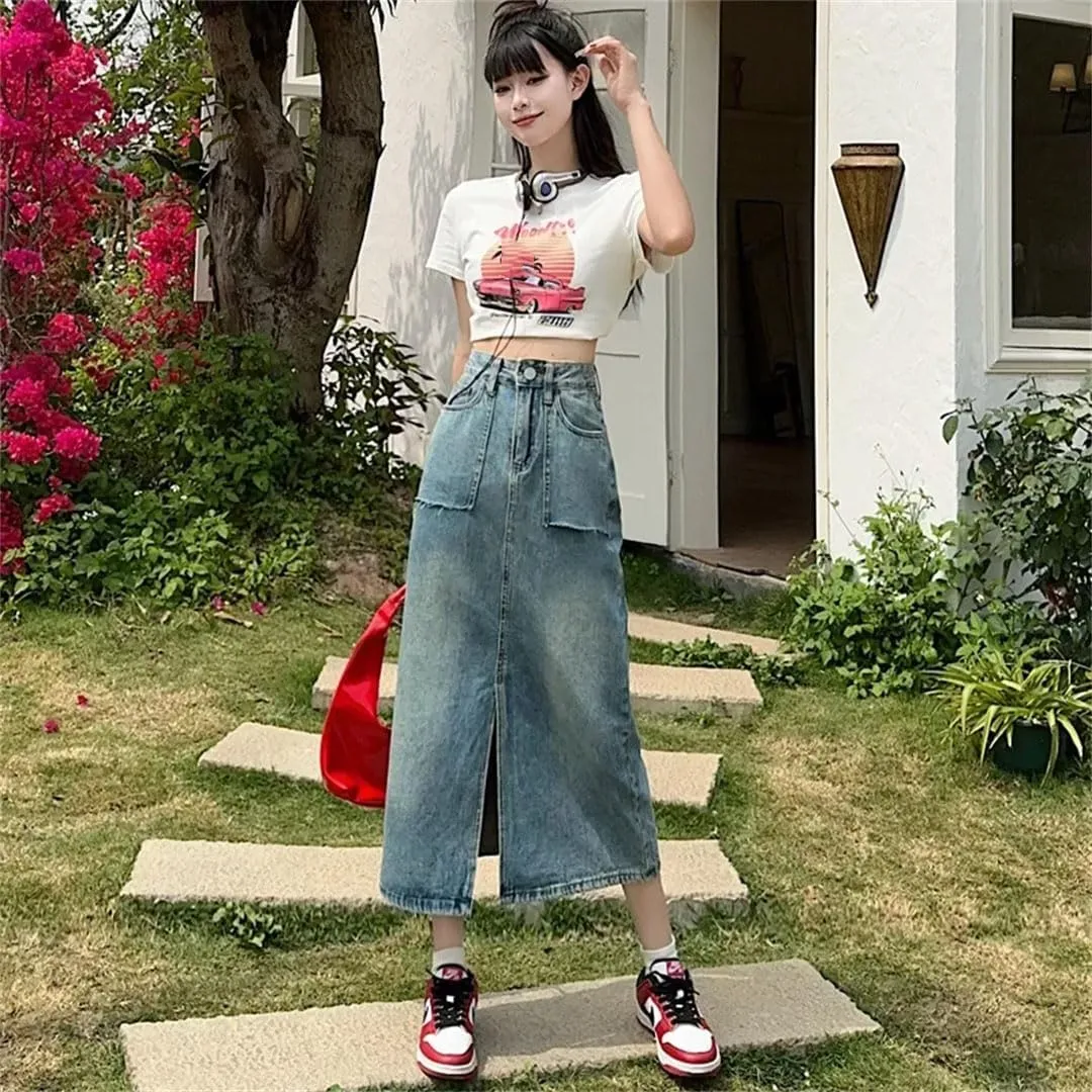 Women's Style High-Waisted Slimming Petite A- Line Skirt Medium-Length Bodycon Skirt Vintage Side Slit Denim Skirt